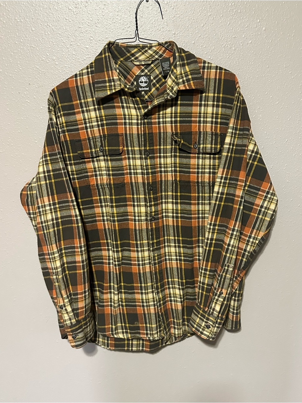 Timberland Long Sleeve Button Up Flannel Shirt Men's L Brown Plaid 100% Cotton